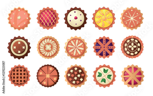 Cartoon pie. Homemade whole dessert, sweet berry tart and round cheesecake, tasty pastry and chocolate bakery. Vector rural Thanksgiving desserts collection