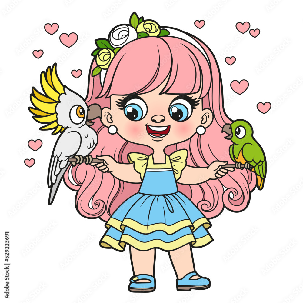 Cute cartoon longhaired girl with parrots color variation for coloring page on a white background