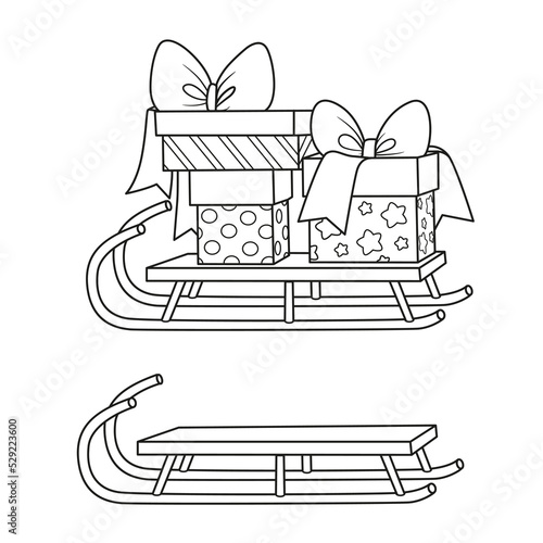Sledge loaded with gifts and without outlined for coloring page on white background