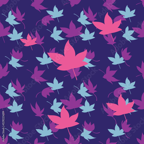 Abstract silhouette autumn leaves seamless pattern on dark blue background