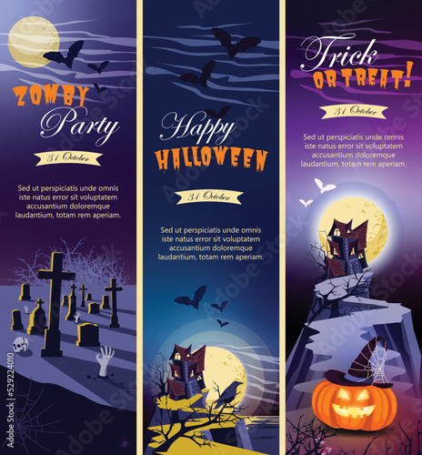 Halloween banners with text and characters - pumpkin, bats, castle and cemetery on a night background. Party invitation card, poster, background. vector illustration