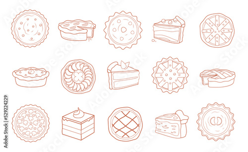 Line pie dessert. Sweet rural bakery filling with sliced fruits and berries, cake tart and cheesecake pastry pieces drawing. Vector doodle set