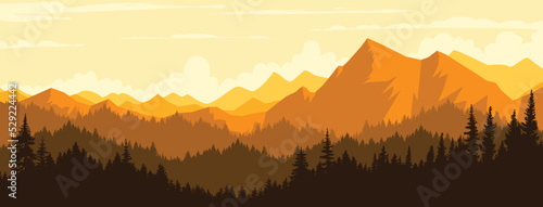 Sunrise in the mountains. Vector banner poster background image. © Supachai