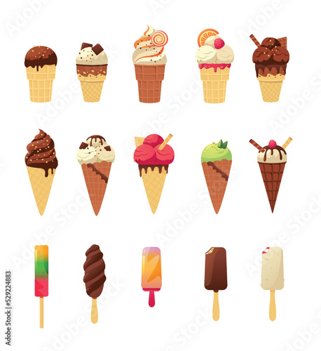 Cartoon ice cream. Cute colorful summer sweet cold dessert of various shapes in cons on sticks with topping and fruits. Vector isolated cold fast food set