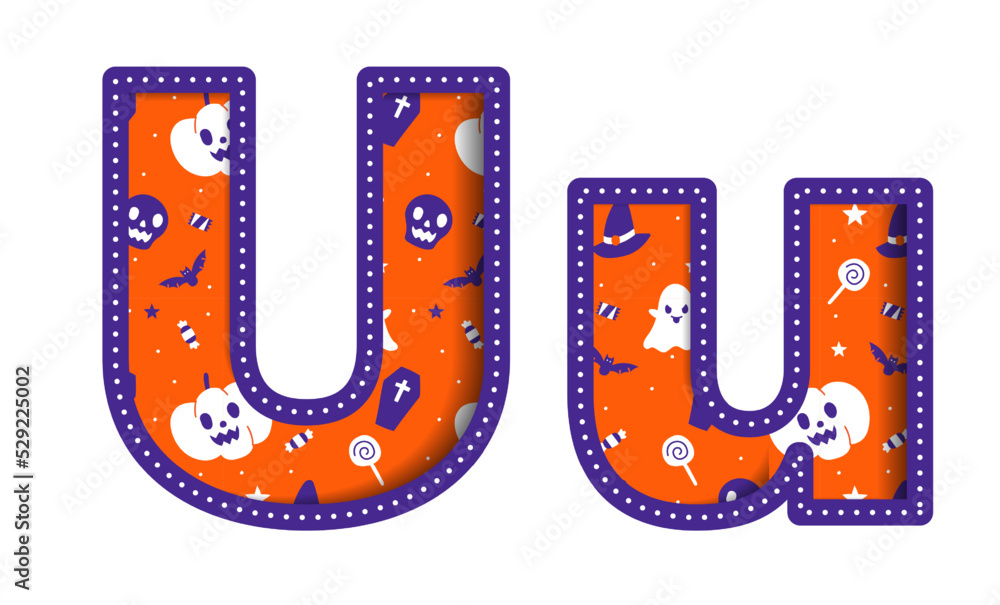 Cute Happy Halloween U Alphabet Capital Small Letter Party Font Typography Character Cartoon Spooky Horror colorful Paper Cutout Type design celebration vector Illustration Skull Pumpkin Bat Witch Hat Cute Happy Halloween U Alphabet Capital Small Letter Party Font Typography Character Cartoon Spooky Horror colorful Paper Cutout Type design celebration vector Illustration Skull Pumpkin Bat Witch Hat
