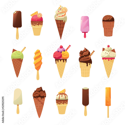 Colorful ice cream dessert. Cartoon sweet cold summer dessert of various shapes and colors in waffle cups and on wooden sticks covered with topping and fruits. Vector set