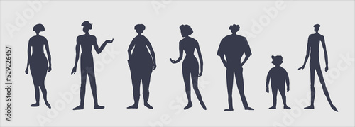 Silhouettes of people with different appearance, age, sex and body shape, isolated on white background.