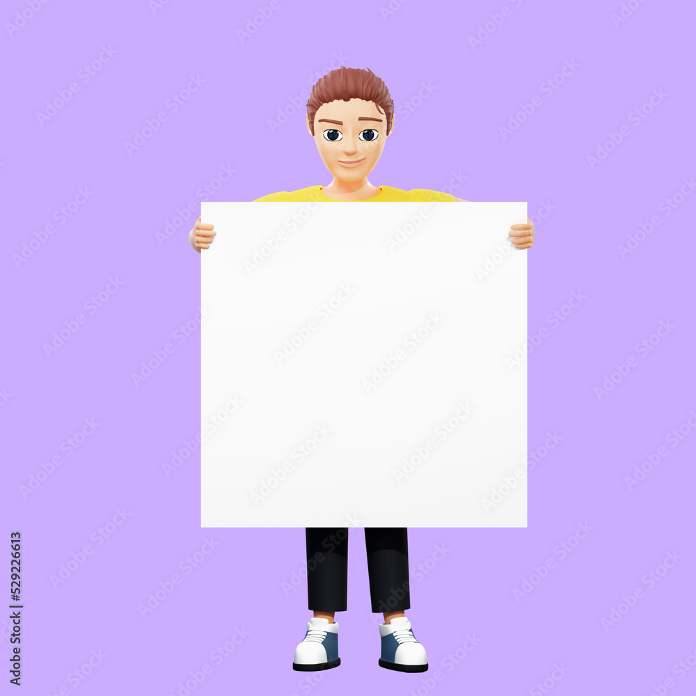 Raster illustration of man holding a white sheet in his hands. Young guy in a yellow tshirt holds a huge paper in front of him, a clean sheet, inspiration, creative and innovative thinking. 3d render Raster illustration of man holding a white sheet in his hands. Young guy in a yellow tshirt holds a huge paper in front of him, a clean sheet, inspiration, creative and innovative thinking. 3d render