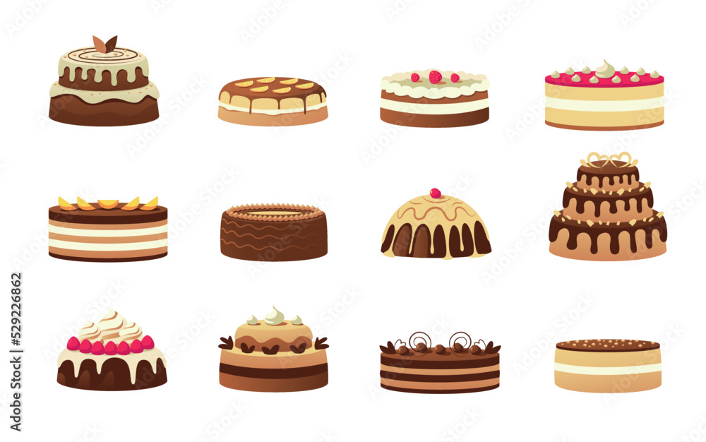 Cartoon cakes. Colorful birthday sweet dessert with cream glaze fruits and biscuits, holiday party and celebration chocolate cakes. Vector isolated set Cartoon cakes. Colorful birthday sweet dessert with cream glaze fruits and biscuits, holiday party and celebration chocolate cakes. Vector isolated set