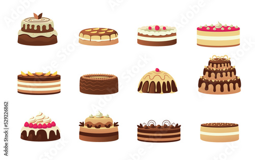 Cartoon cakes. Colorful birthday sweet dessert with cream glaze fruits and biscuits, holiday party and celebration chocolate cakes. Vector isolated set