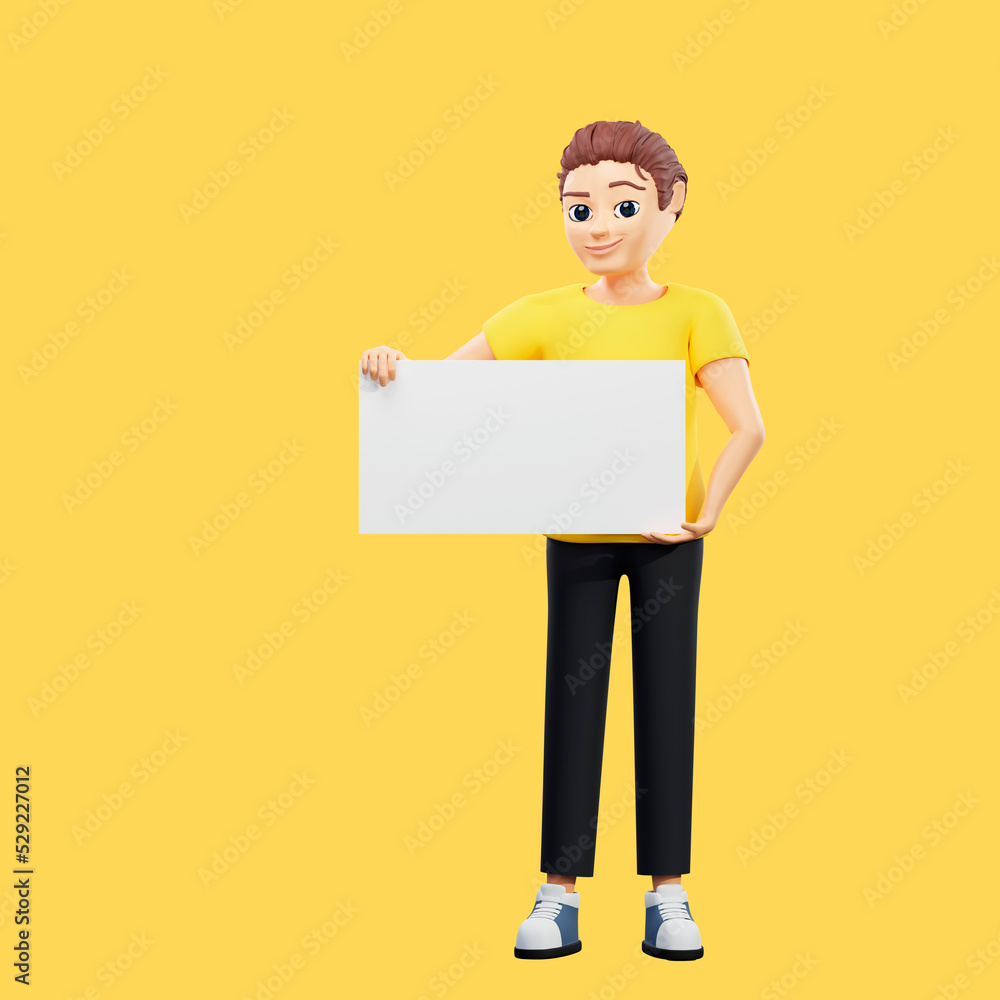 Raster illustration of man holding a white sheet in his hands. Young guy in a yellow tshirt holds a huge paper format of a four in front of him, a clean sheet, inspiration, creative think. 3d render Raster illustration of man holding a white sheet in his hands. Young guy in a yellow tshirt holds a huge paper format of a four in front of him, a clean sheet, inspiration, creative think. 3d render