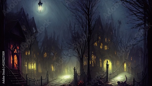 Dark scary street with ancient houses and lanterns  Halloween background. Foggy night. Darkness  fear  neon. Pumpkins. 3D illustration.