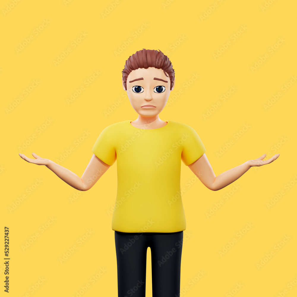 Raster illustration of man throws up his hands. Young guy in a yellow