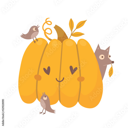 Cute pumpkins in love with birds and fox. Cute picture for Halloween or Thanksgiving. Autumn print concept. Vector flat hand drawn illustration isolated on white background.
