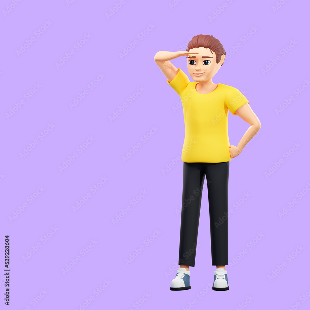 Raster illustration of man looking into the distance. Young guy in a yellow tshirt one hand to the side, the other along the seam, looking, looking forward. 3d rendering artwork for business Raster illustration of man looking into the distance. Young guy in a yellow tshirt one hand to the side, the other along the seam, looking, looking forward. 3d rendering artwork for business