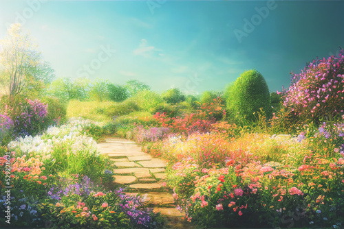 3D render digital painting of garden with flowers and trees, Floral HD wallpaper