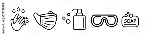 Personal protection equipment icons - medical mask, latex gloves, soap, dispenser, protective glasses. Coronavirus, covid 19 prevention items. Line, outline symbols. Mask icon. Vector illustration