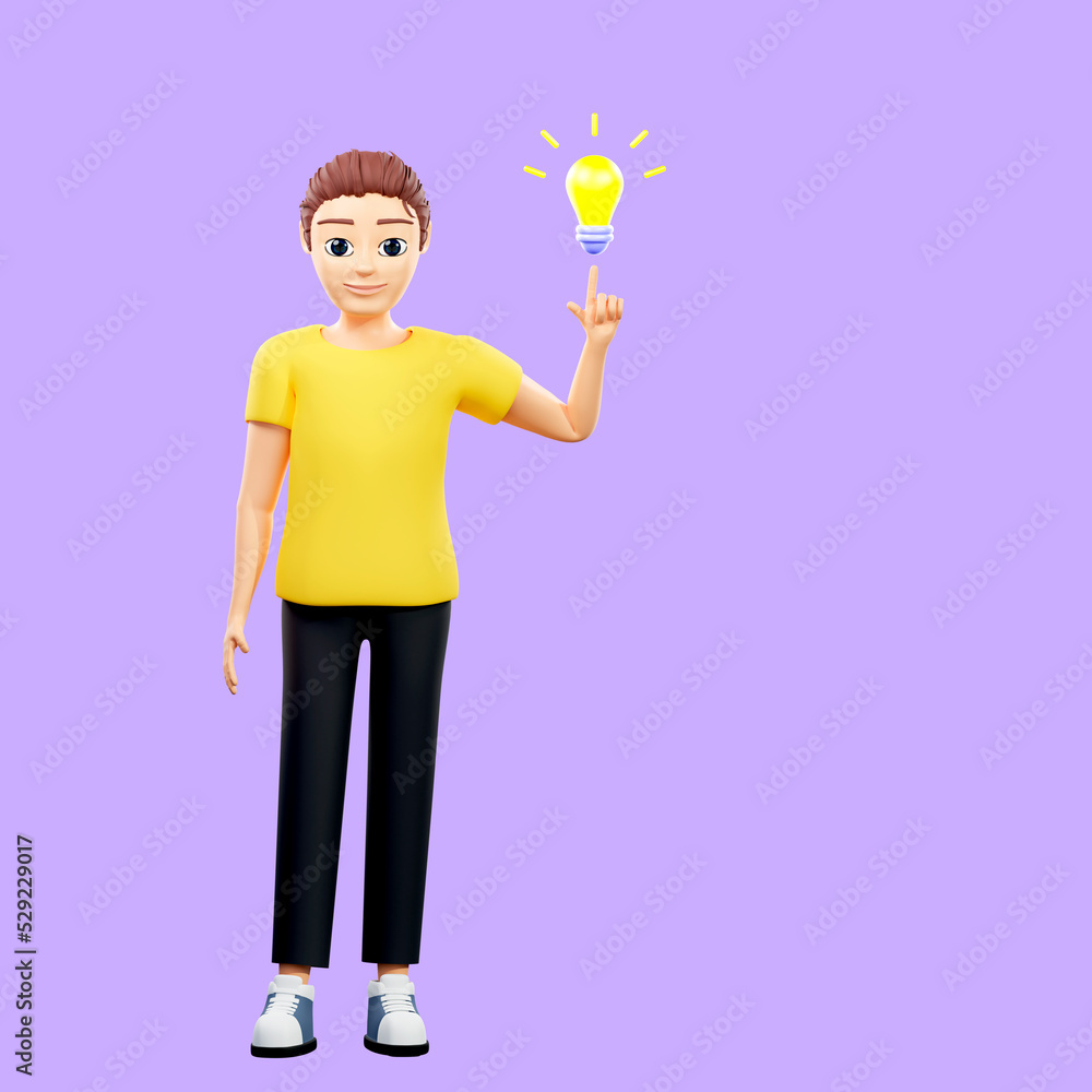 Raster illustration of man came up with an idea. Young guy in a yellow tshirt points a finger at a lamp, creativity, plan, implementation, inspiration. 3d render artwork for business and advertising Raster illustration of man came up with an idea. Young guy in a yellow tshirt points a finger at a lamp, creativity, plan, implementation, inspiration. 3d render artwork for business and advertising