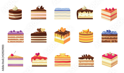 Cartoon piece of cake. Various colorful cake slices, cage and restaurant sweet dessert with cream glaze fruits and biscuits. Vector pastry pieces set