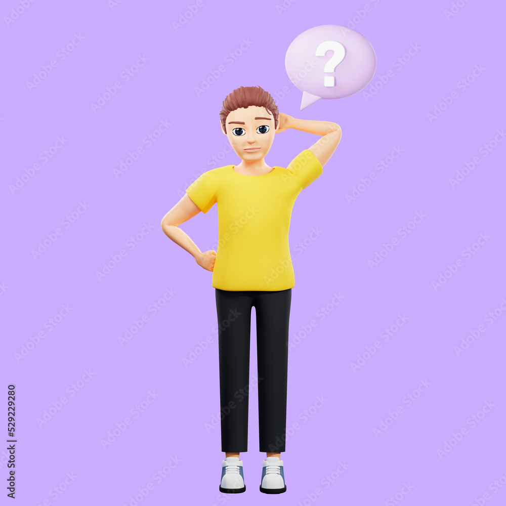 Raster illustration of man near a round speech bubble with a question mark. A young guy in a yellow tshirt thought, scratching in the back of the head, problem solving. 3d rendering artwork Raster illustration of man near a round speech bubble with a question mark. A young guy in a yellow tshirt thought, scratching in the back of the head, problem solving. 3d rendering artwork