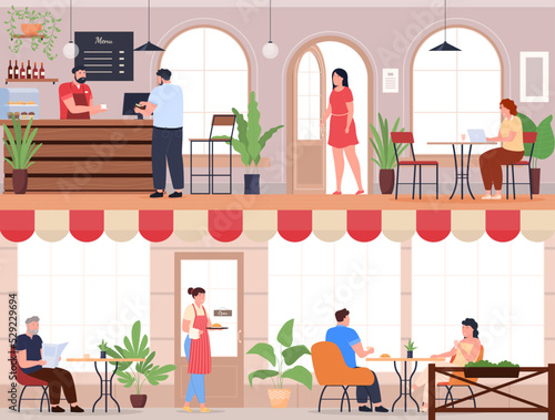 People are sitting in a cafe drinking coffee and eating. Waiters serve cafe customers. Vector illustration
