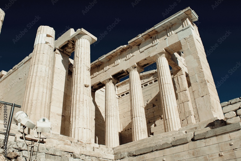 View of Propylaea, the monumental entrance to the Acropolis of Athens.
