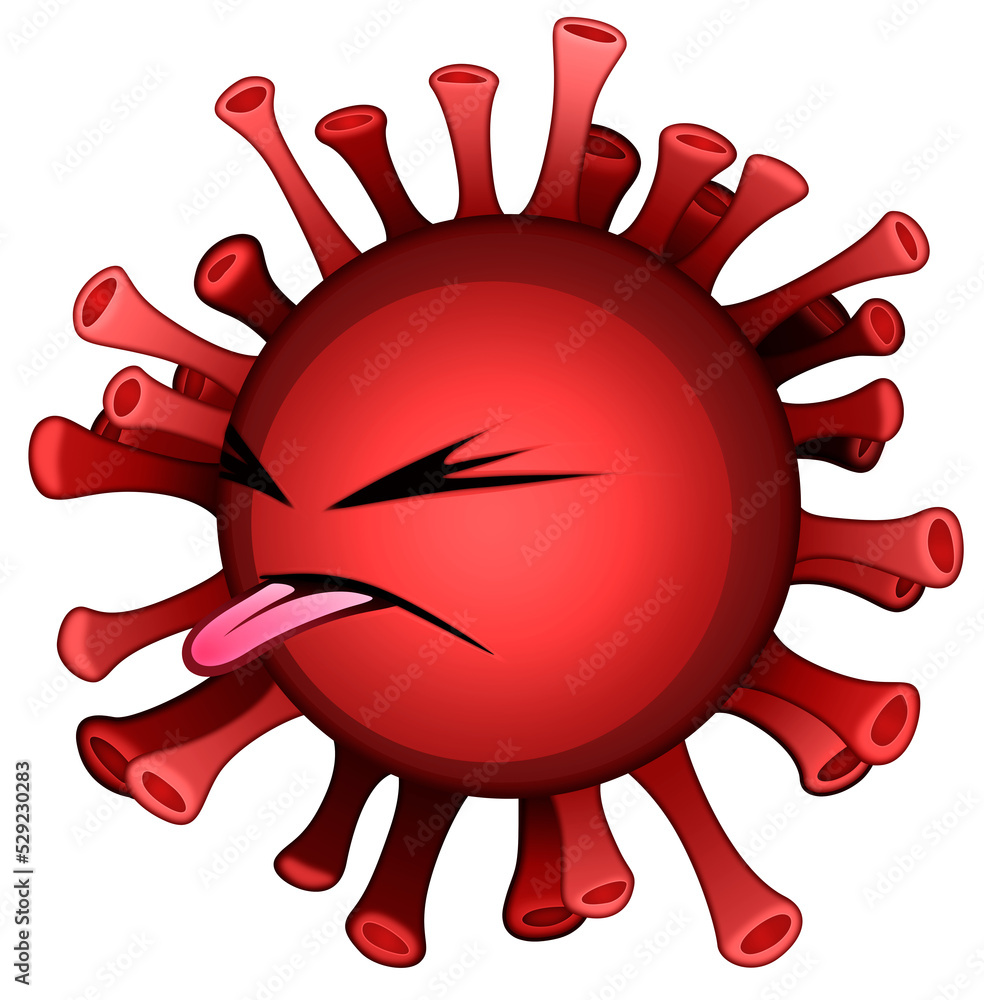 Mocking Influenza cartoon virus icon. Disgusted red Coronavirus ...