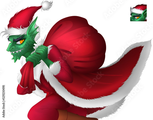 Gremlin Santa with a sack with Christmas presents. Grinch wearing Santa Claus outfit. Funny New Year green goblin in a fur coat and hat stealing a red present sack. PNG on transparent background photo