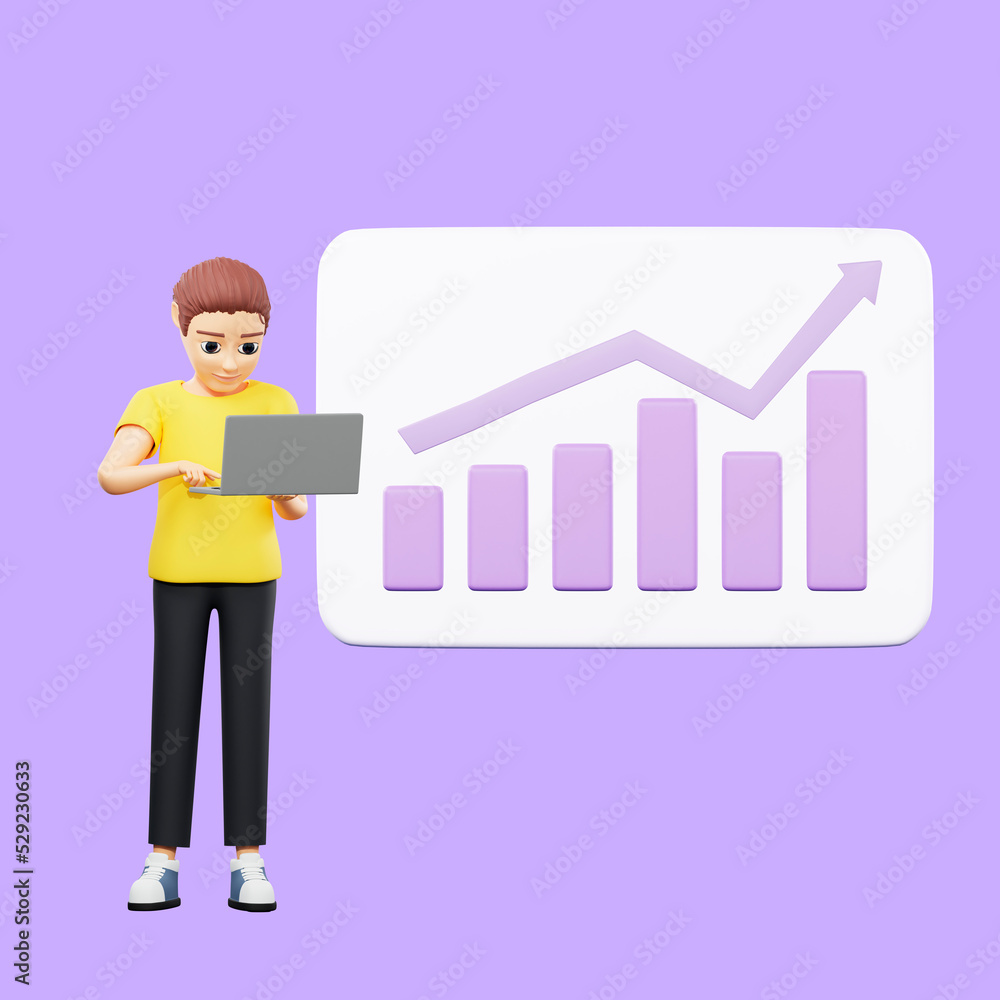 Raster illustration of man analyzes the data. Young guy in a yellow tshirt holds a laptop in his hands and stands next to a graph with charts, infographics. 3d rendering artwork for business Raster illustration of man analyzes the data. Young guy in a yellow tshirt holds a laptop in his hands and stands next to a graph with charts, infographics. 3d rendering artwork for business