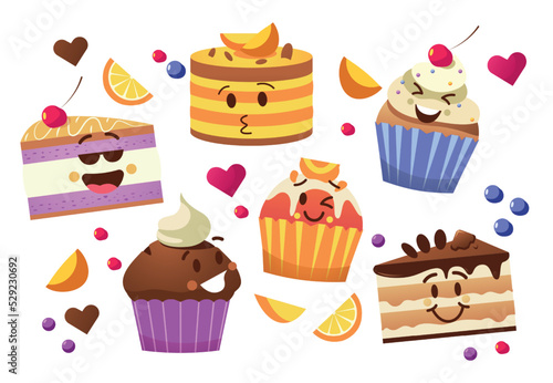 Cupcake characters. Kawaii cartoon muffins, sweet cake mascots with cute emoticon faces, tasty bakery food funny stickers. Vector pastry set
