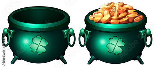 St Patrick's day green lucky pot with golden coins .png illustration on transparent background