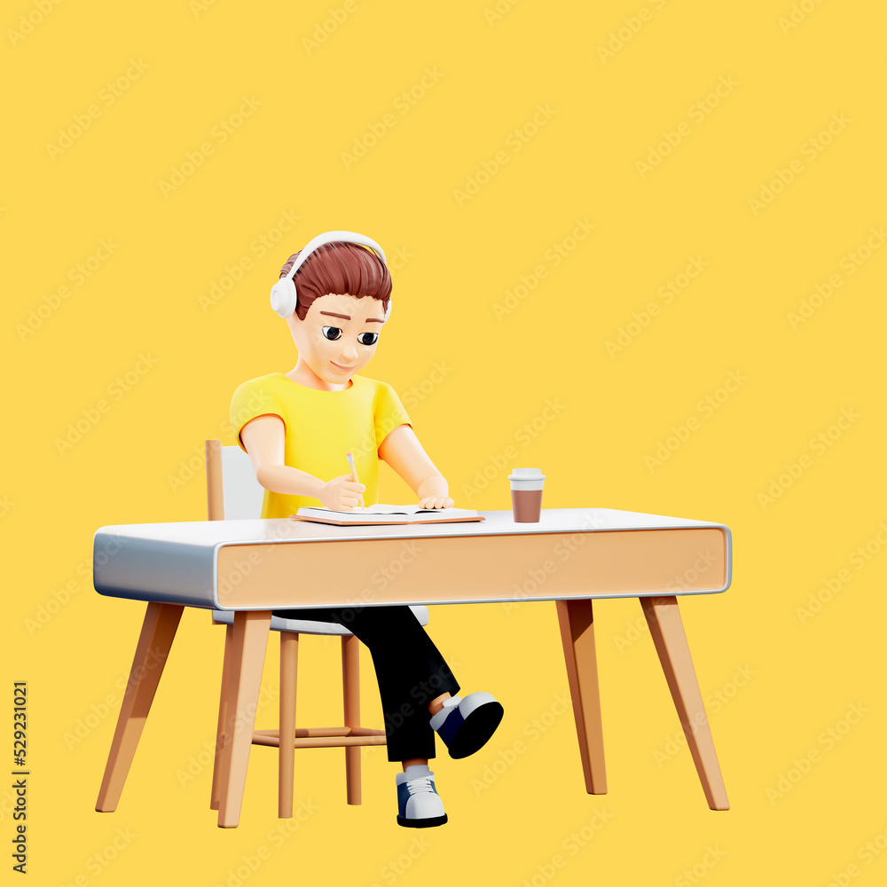 Raster illustration of man working at the table. Young guy in a yellow tshirt in headphones writes in a notebook, draws in an album, a hot drink in a cardboard cup. 3d rendering artwork for business