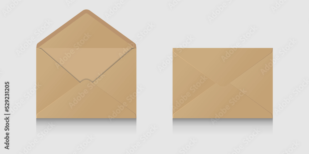Two envelopes open and closed brown. With shadows and sticky tape. The letter is the old ordinary mail. Written communication between people. Two envelopes open and closed brown. With shadows and sticky tape. The letter is the old ordinary mail. Written communication between people.