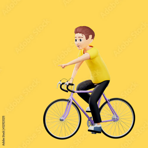 Wallpaper Mural Raster illustration of man riding a bike and pointing forward. Young guy in a yellow tshirt rides bicycle, delivery, transport, speed, traffic rules, cycle. 3d rendering artwork for business Torontodigital.ca
