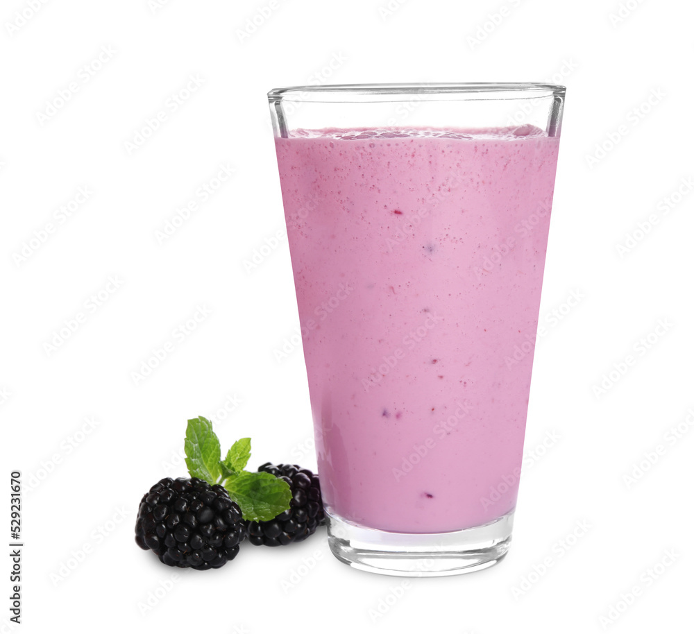 Freshly made blackberry smoothie in glass on white background Freshly made blackberry smoothie in glass on white background