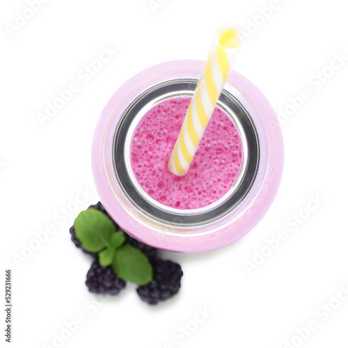Glass bottle of blackberry smoothie with straw and berries on white background, top view © New Africa