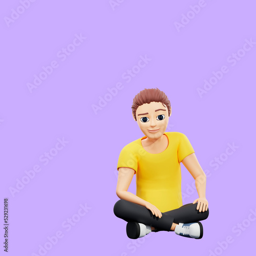Raster illustration of man sitting in the lotus position. Young guy in a yellow tshirt meditating, cleanses the chakras, selfhypnosis, pump your brain. 3d rendering artwork for business photo