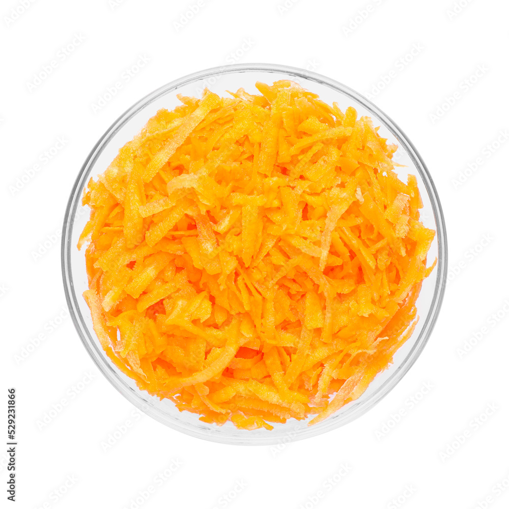 Fresh grated carrot in glass bowl isolated on white, top view Fresh grated carrot in glass bowl isolated on white, top view