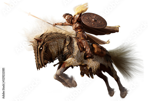 Fotografiet Valkyrie in brass gilded armor rushes into battle on a heavily armored white-maned horse with a spear and shield, as if she flies fearlessly in an epic pose