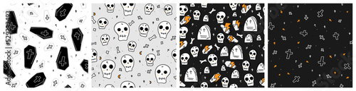 Spooky Halloween coffin, scull and tombs at the cemetery gothic background set. October 31 holiday seamless pattern in black, white and orange traditional colors with cartoon style horror graphic.