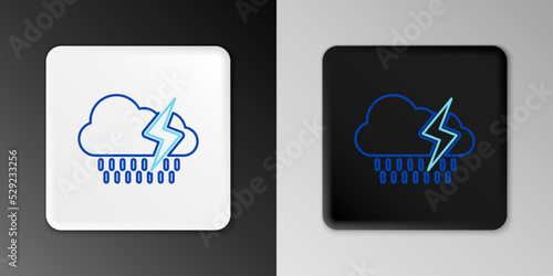 Line Cloud with rain and lightning icon isolated on grey background. Rain cloud precipitation with rain drops.Weather icon of storm. Colorful outline concept. Vector