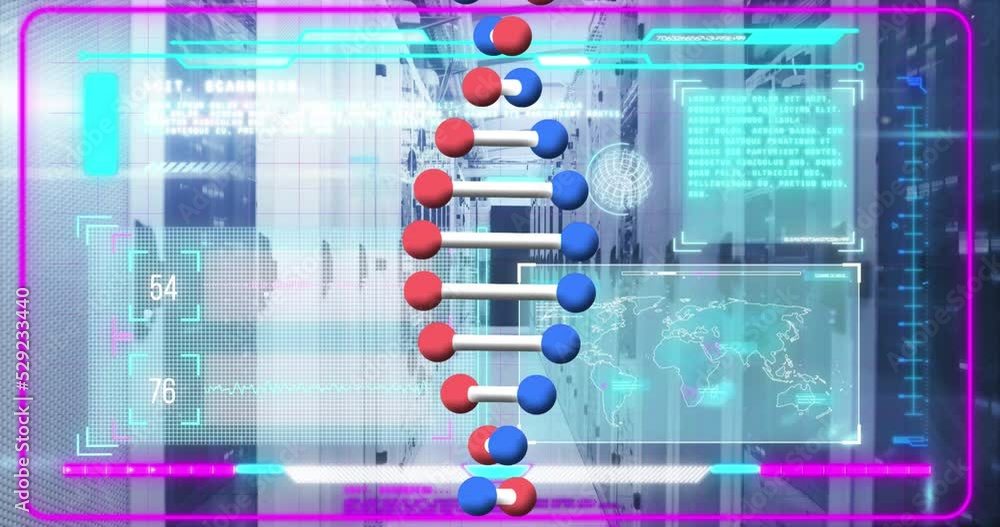 Animation of dna strand spinning and data processing over computer servers Animation of dna strand spinning and data processing over computer servers
