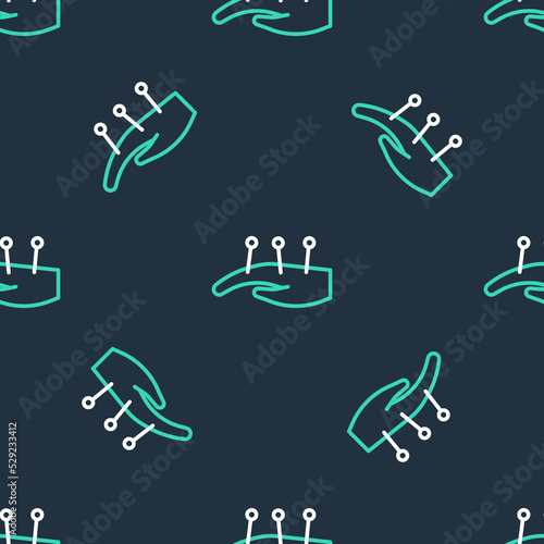 Line Acupuncture therapy on the hand icon isolated seamless pattern on black background. Chinese medicine. Holistic pain management treatments. Vector