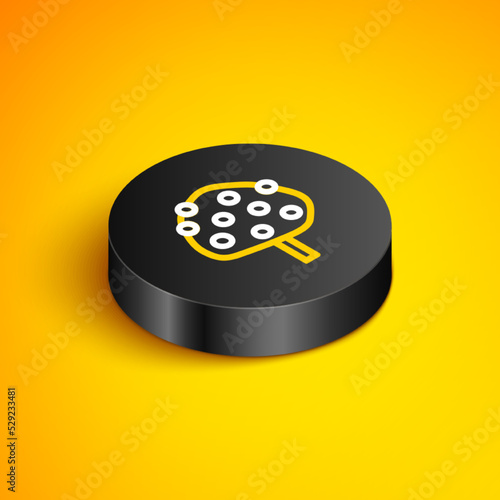 Isometric line Orange tree with fruits icon isolated on yellow background. Black circle button. Vector