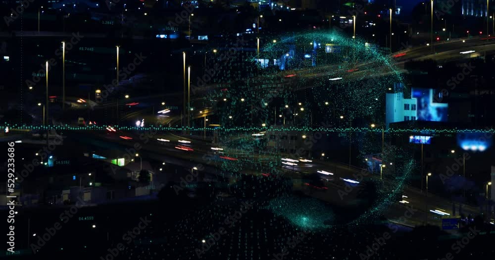 Animation of data processing and globe over city at night Animation of data processing and globe over city at night