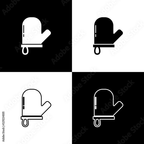 Set Oven glove icon isolated on black and white background. Kitchen potholder sign. Cooking glove. Vector
