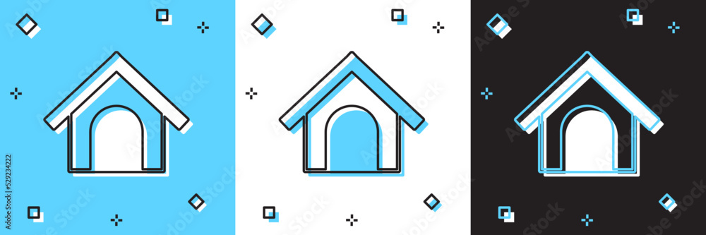 Set Dog house icon isolated on blue and white, black background. Dog kennel. Vector