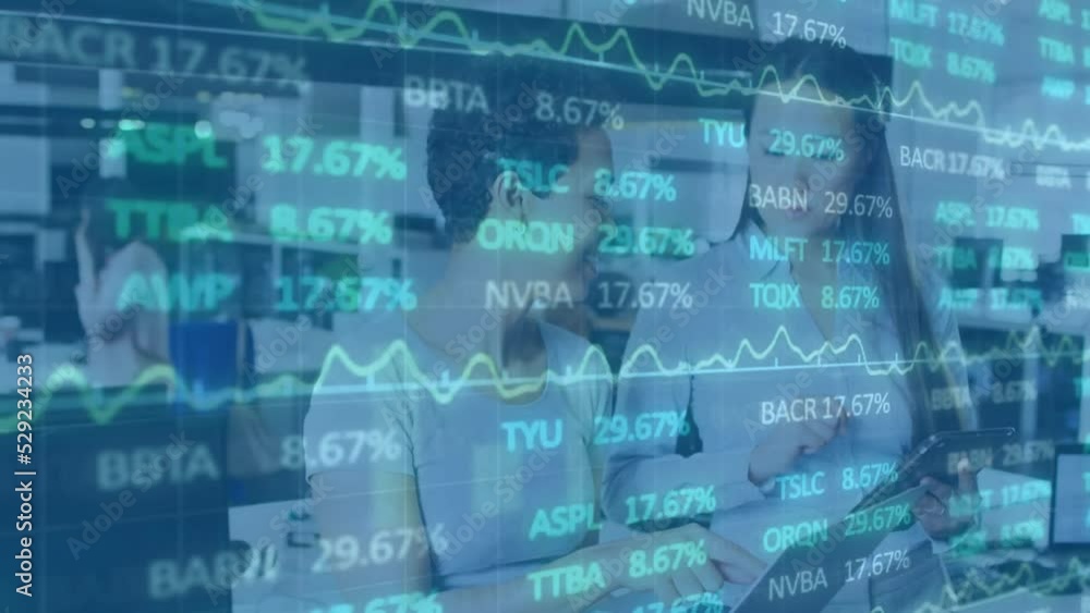 Animation of statistics and financial data processing over caucasian businesswomen Animation of statistics and financial data processing over caucasian businesswomen