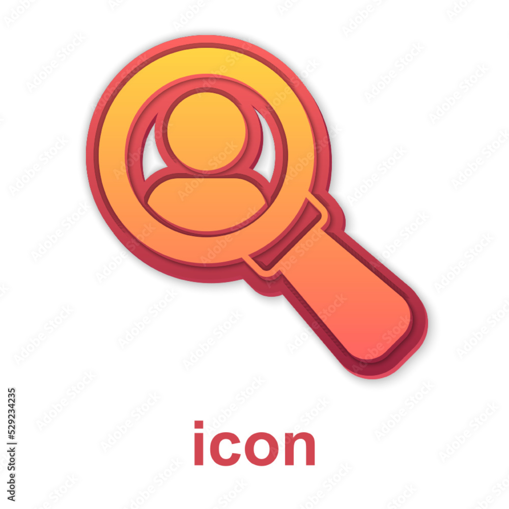 Gold Magnifying glass for search a people icon isolated on white background. Recruitment or selection concept. Search for employees and job. Vector Gold Magnifying glass for search a people icon isolated on white background. Recruitment or selection concept. Search for employees and job. Vector