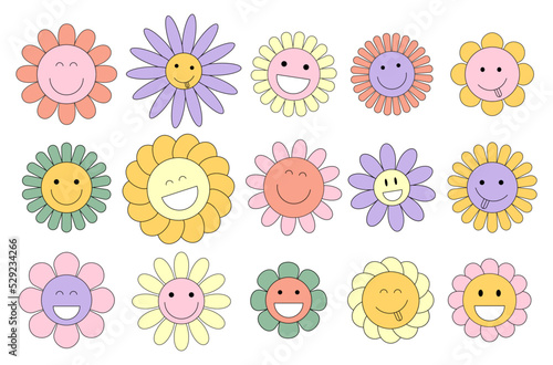 Groovy chamomile hippie 70s set vector. Funny cartoon flower in trendy retro trippy y2k style.